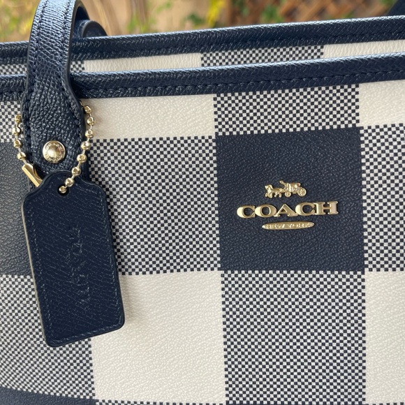 👜 COACH City Tote Bag in Buffalo Plaid Navy White EUC - Picture 4 of 17